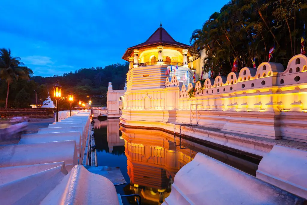 Temple of the Sacred Tooth Relic in Kandy at sunset. 