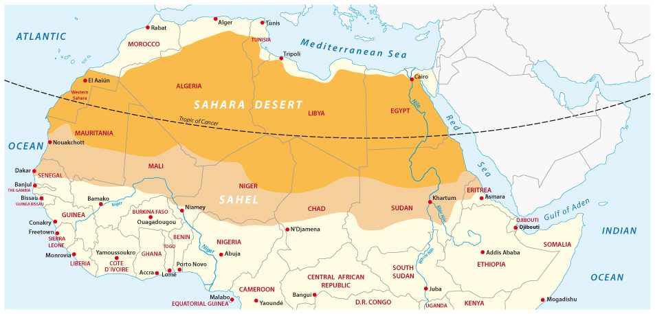 The Sahara Desert fills almost the entirety of Western Africa and covers 11 countries. It blankets large parts of Algeria, Chad, Egypt, Libya, Mali, Mauritania, Morocco, Niger, Western Sahara, Sudan and Tunisia.