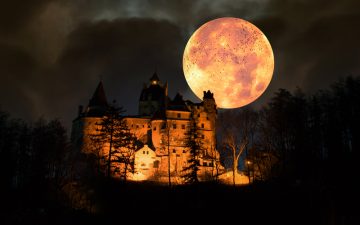 Night view of the Transylvania Castle during halloween