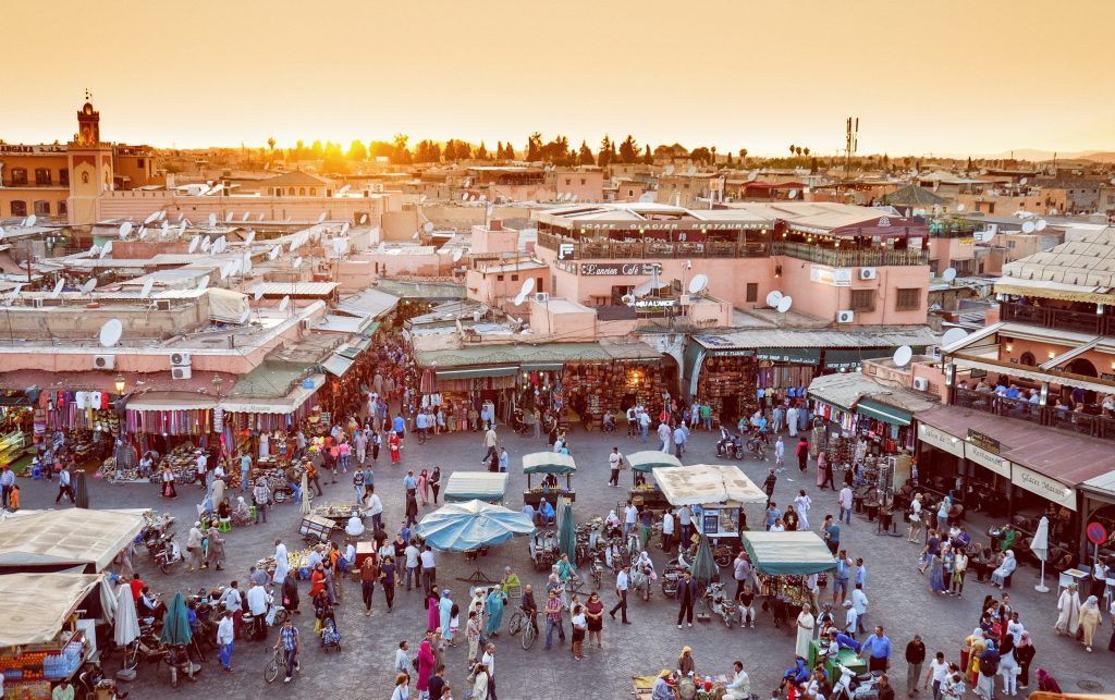 Sunset at Jemaa el Fna square in Marrakesh, Morocco