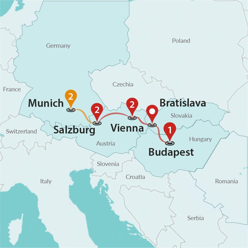 tourhub | Travel Talk Tours | Magical Christmas Markets: Munich to Budapest | Tour Map