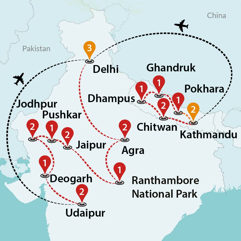 tourhub | Travel Talk Tours | Amazing Nepal & India 2024 | Tour Map