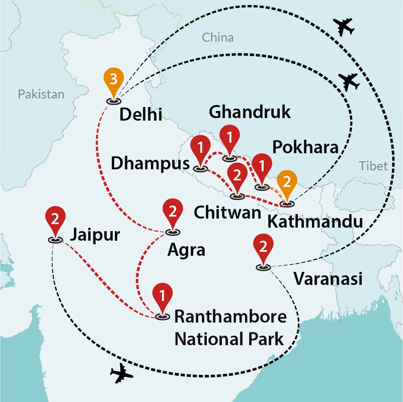 tourhub | Travel Talk Tours | Best of Nepal & India 2024 | Tour Map