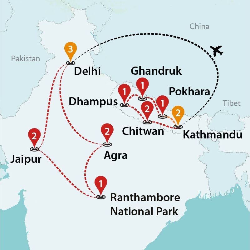 tourhub | Travel Talk Tours | Essential Nepal & India 2024 | Tour Map