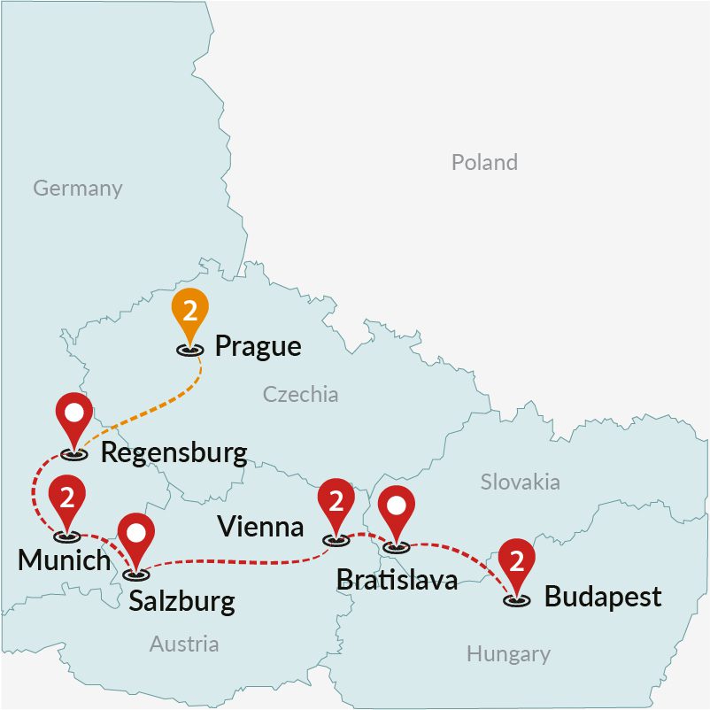 tourhub | Travel Talk Tours | Magestic Europe : Prague to Budapest (4 Star Hotels) | Tour Map